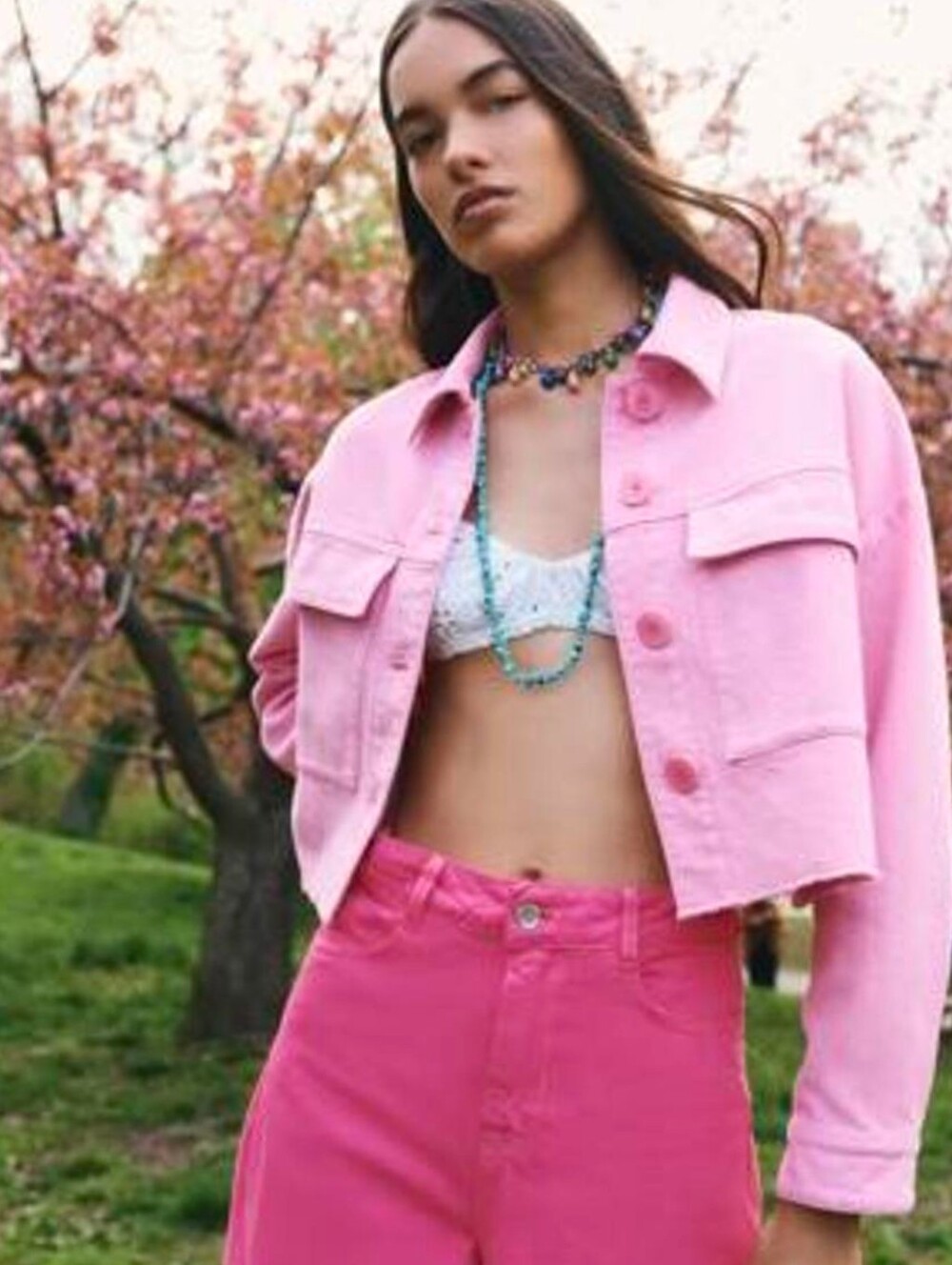 Zara Cropped Cotton Overshirt Jacket in Pink
